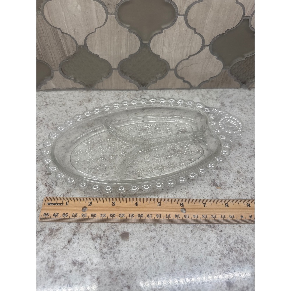 Vintage Clear Pressed Glass 3 Section Divided Relish Dish Beaded Edge Oval 8.5in